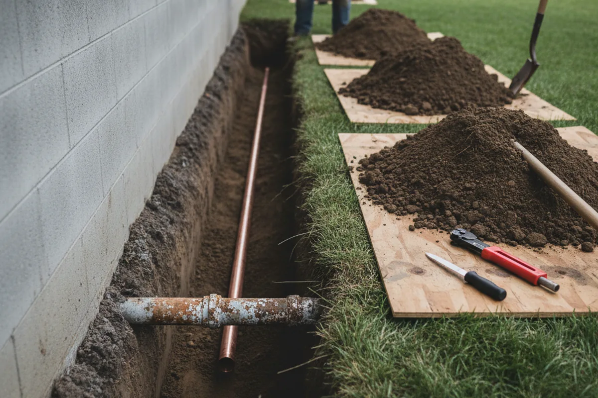 Excavated water line trench during Sewer Line Repair in Mc Kee